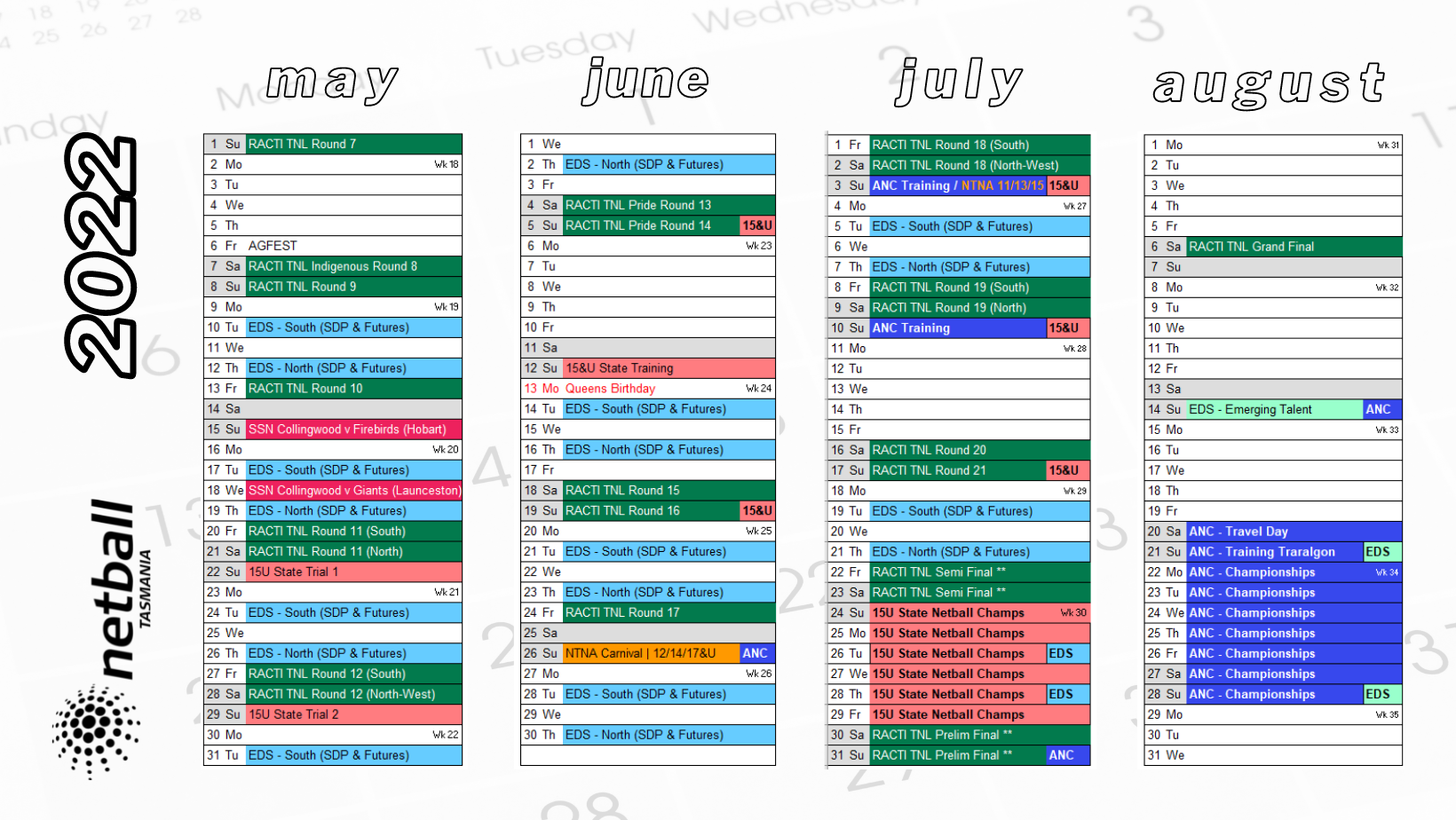 Netball Tasmania Yearly Calendar Netball TAS